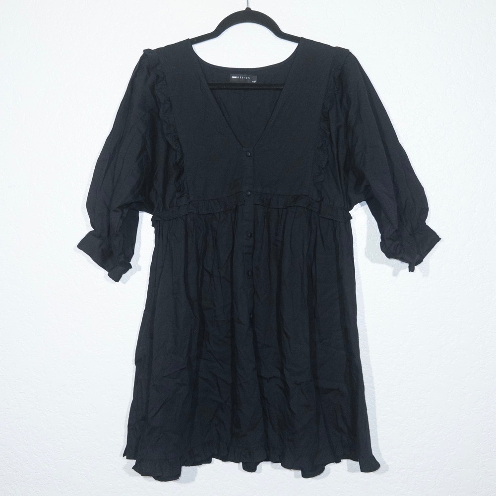 ASOS‎ Design Black Peasant Ruffle Front Babydoll Dress Size 4